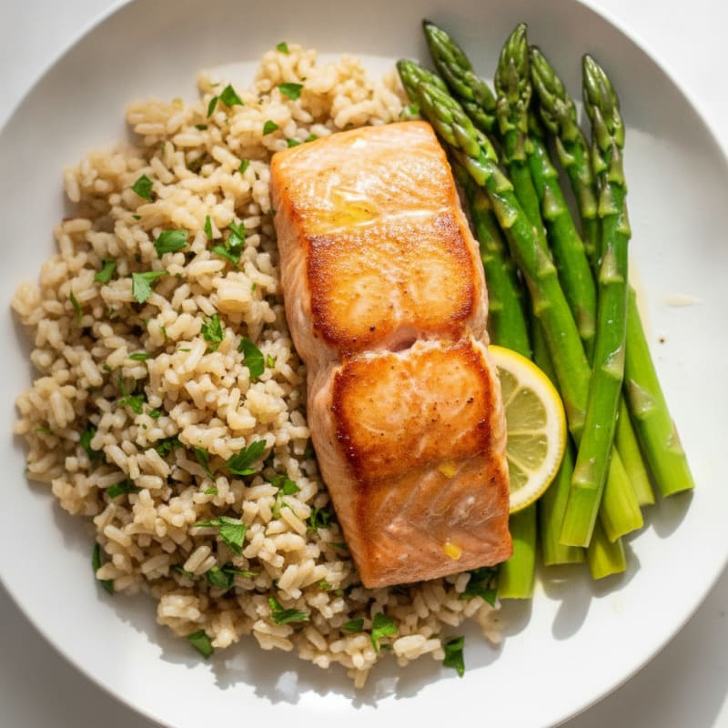 Seared Salmon Fillet with Steamed Asparagus and Herbed Brown Rice