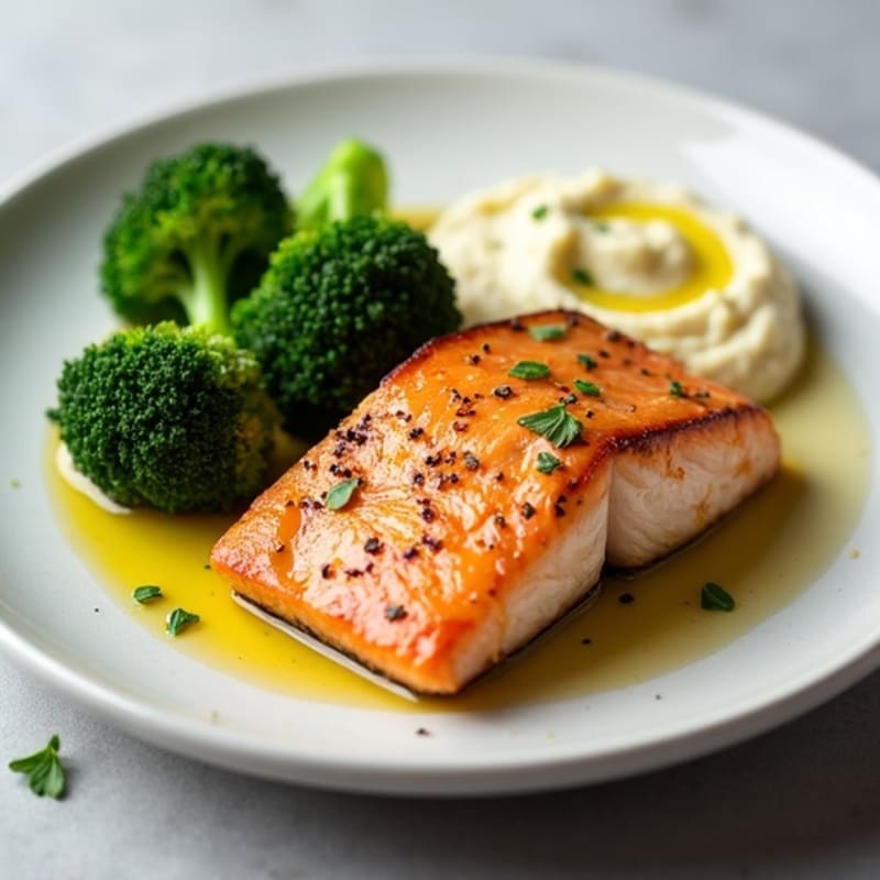 Seared Salmon with Steamed Broccoli and Garlic Cauliflower Mash