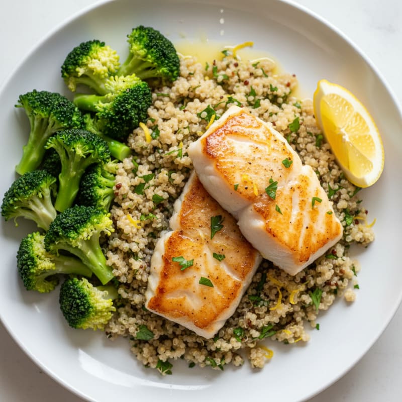 Seared Cod with Steamed Broccoli and Lemon-Herb Quinoa