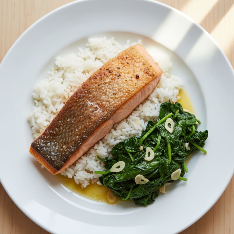 Seared Salmon with Garlic Spinach and Steamed Rice