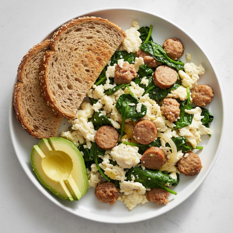 Egg White and Turkey Sausage Scramble with Sautéed Spinach