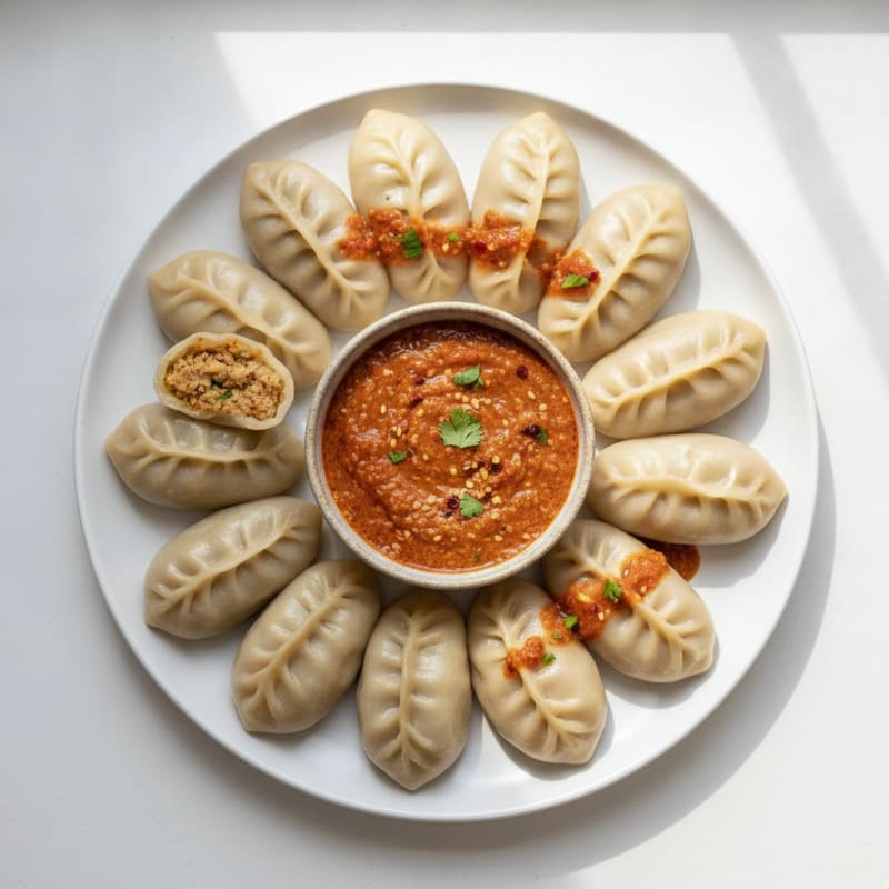 Chicken Momo Dumplings with Tomato Achar