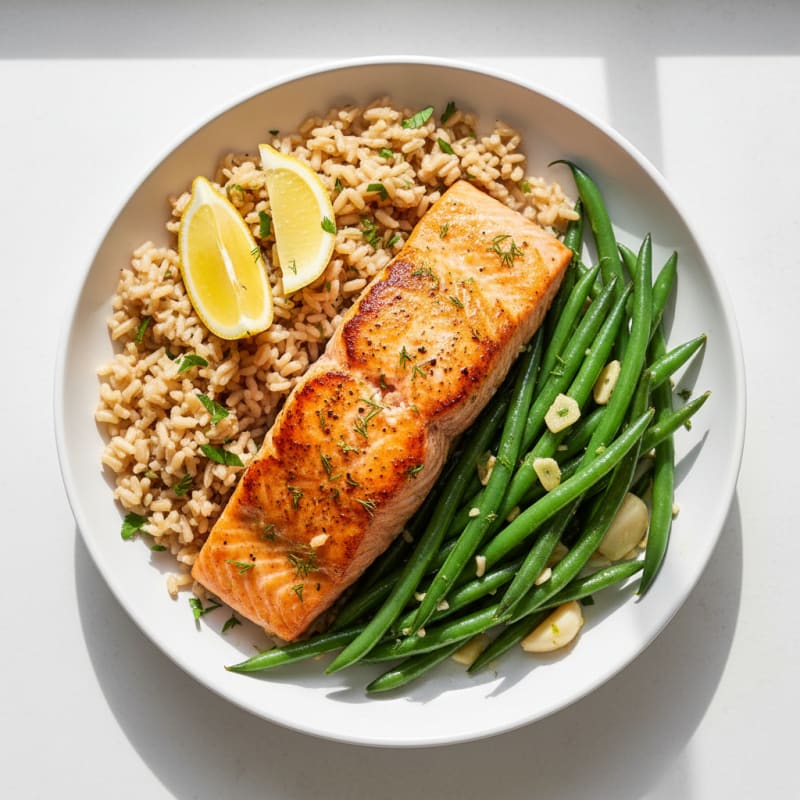 Seared Salmon with Garlic Green Beans and Brown Rice