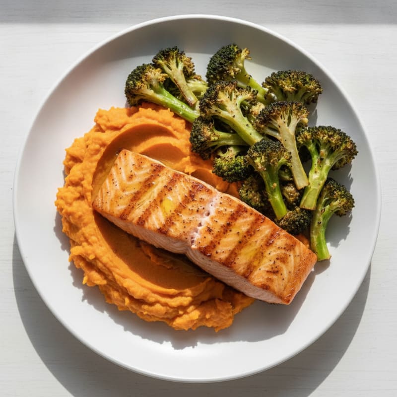 Seared Salmon with Roasted Broccoli and Sweet Potato Mash