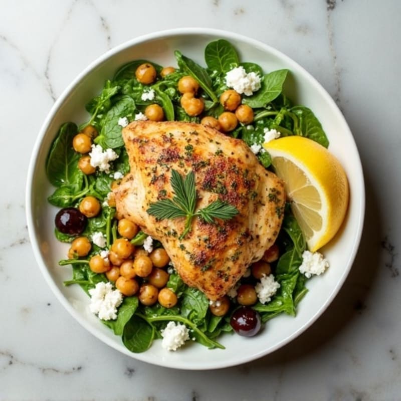 Lemon-Herb Chicken and Crispy Chickpea Salad with Fresh Greens and Creamy Feta Dressing