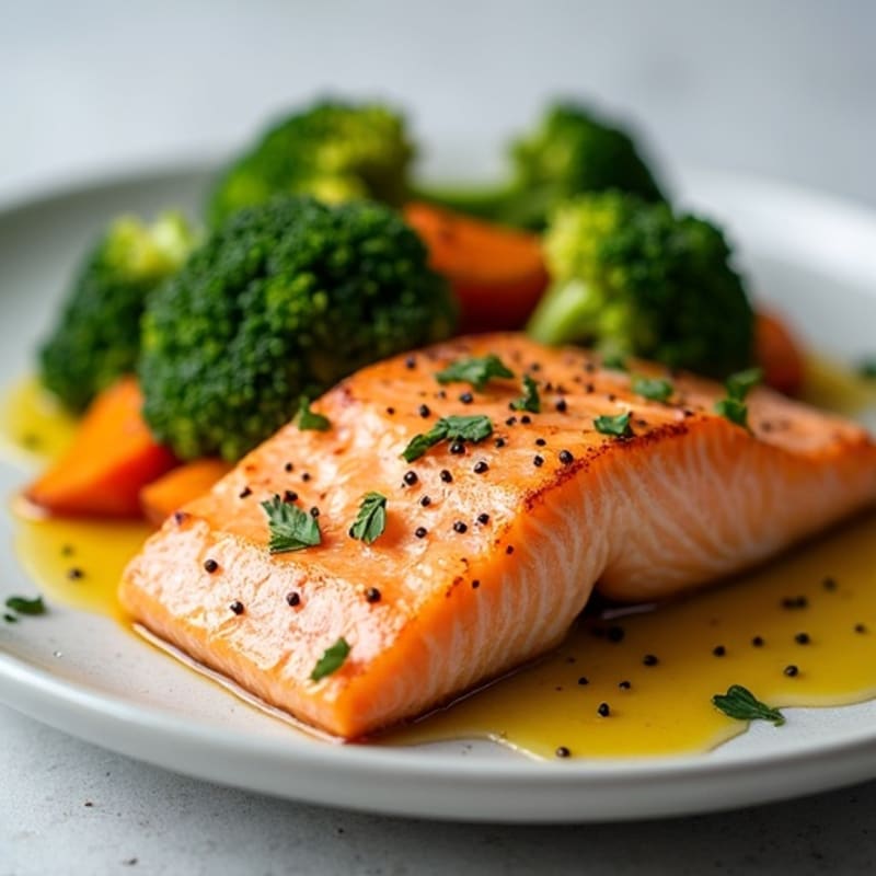 Seared Salmon with Roasted Sweet Potato and Steamed Broccoli