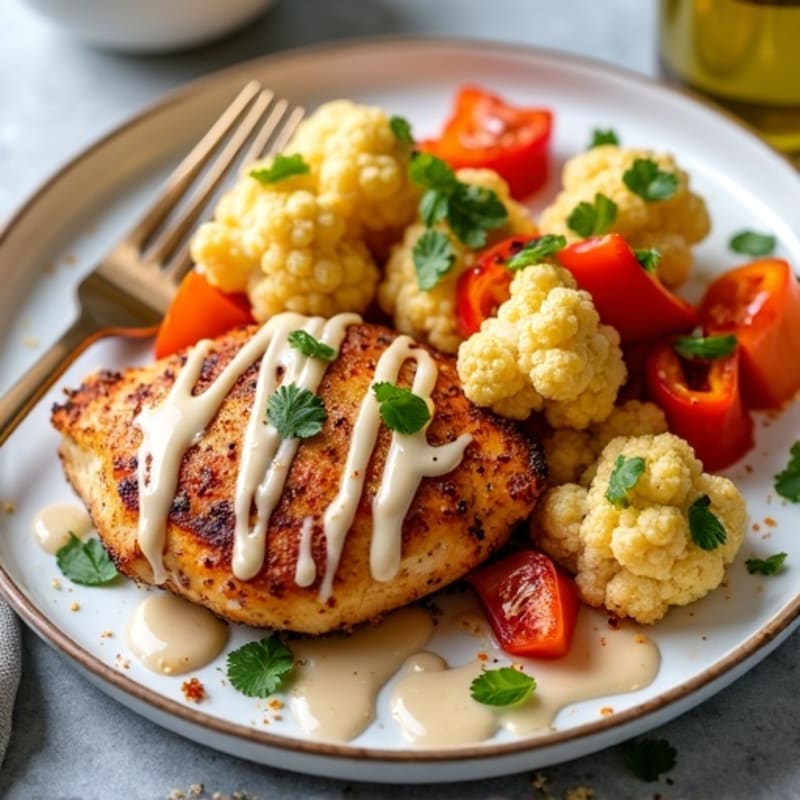 Sheet Pan Harissa Chicken and Cauliflower with Creamy Tahini Drizzle