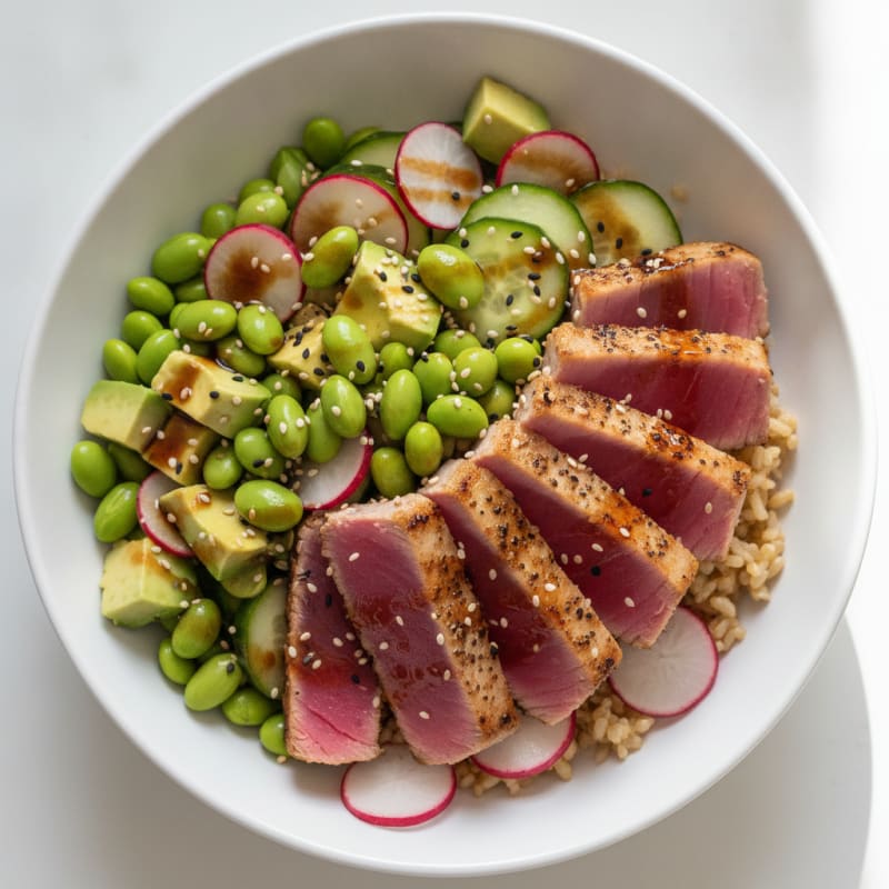Seared Tuna Protein Bowl with Brown Rice and Edamame