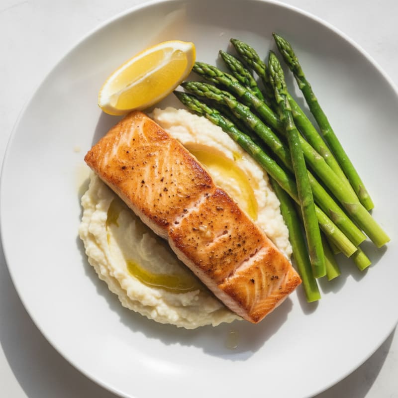 Seared Salmon with Steamed Asparagus and Cauliflower Mash