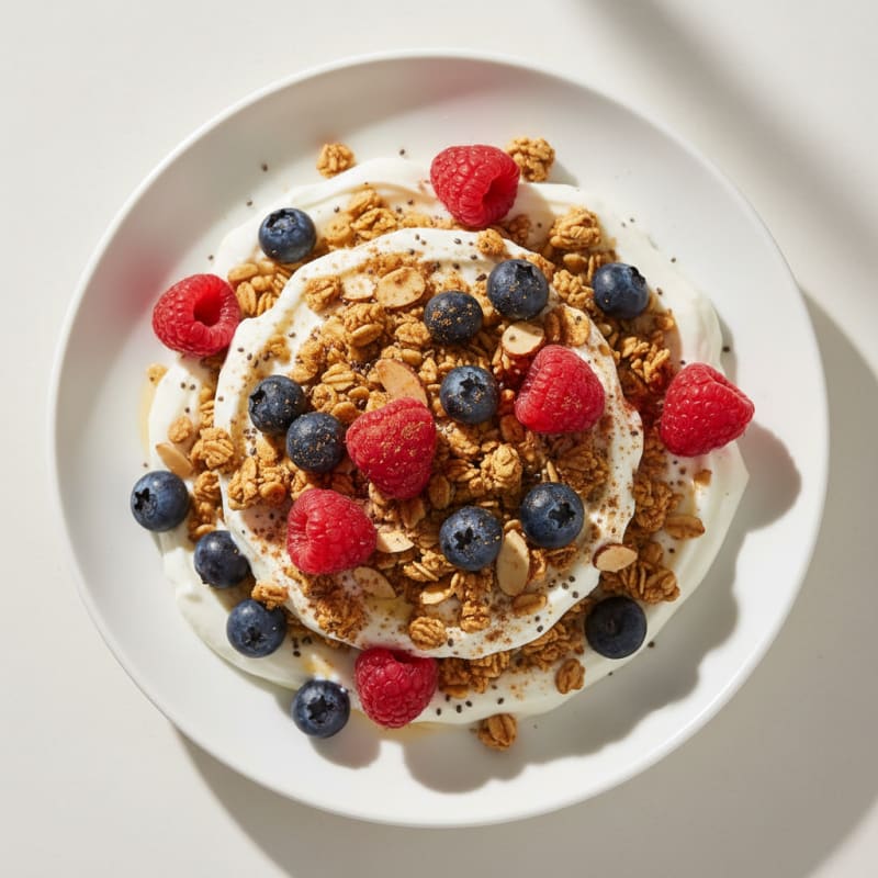 Greek Yogurt Parfait with Crunchy Almond Granola and Mixed Berries