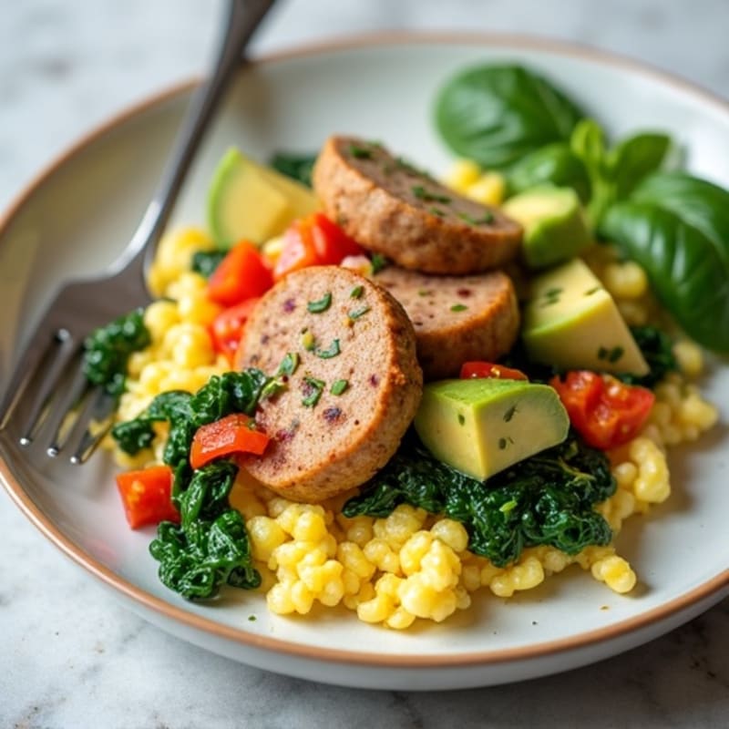 Egg White Scramble with Turkey Sausage and Sautéed Spinach
