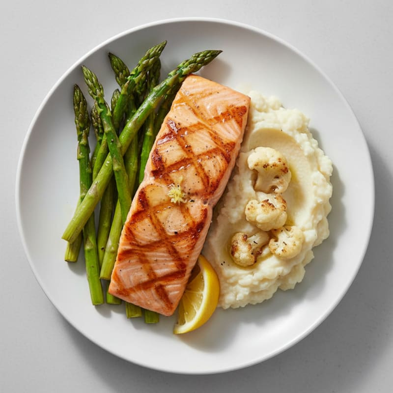 Grilled Salmon with Roasted Asparagus and Cauliflower Mash