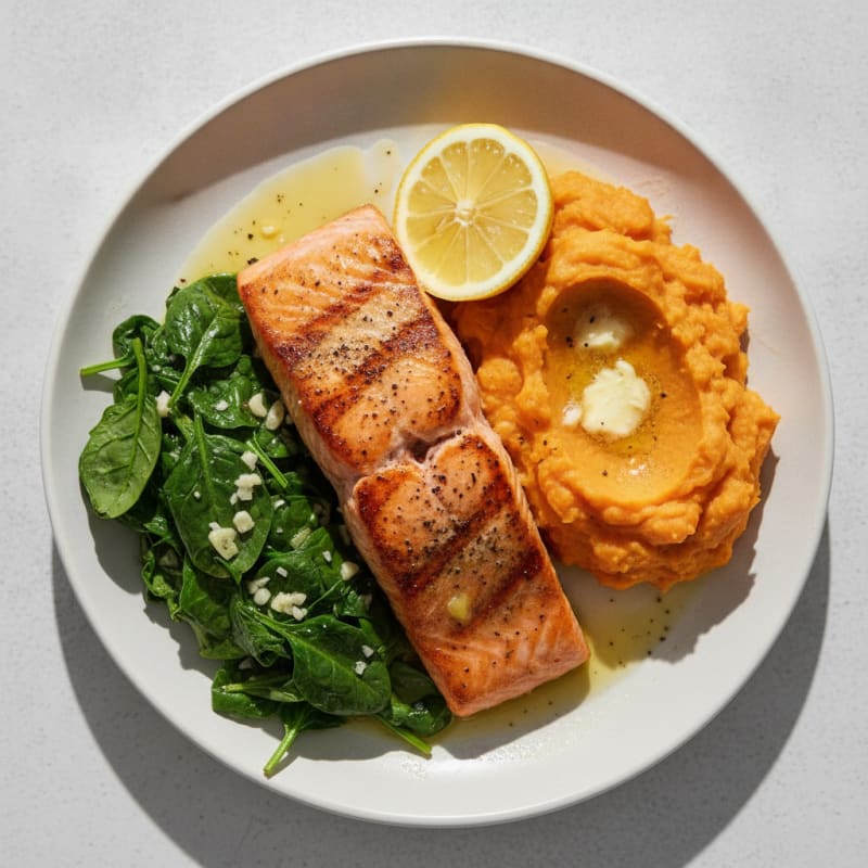 Seared Salmon with Garlic Spinach and Mashed Sweet Potatoes