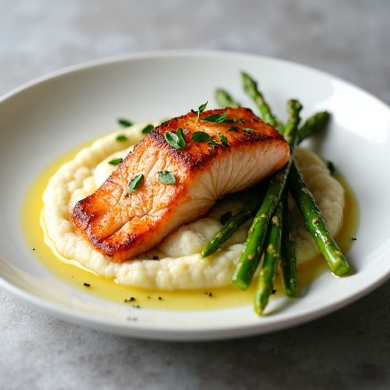 Seared Salmon Fillet with Roasted Asparagus and Cauliflower Mash