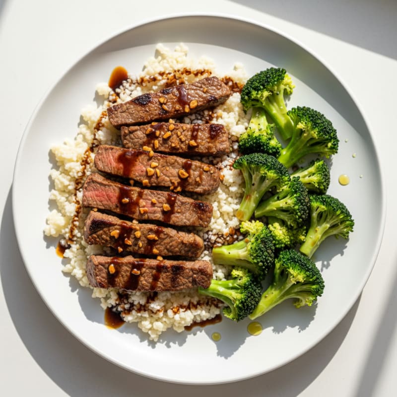 Seared Lean Beef Strips with Steamed Broccoli and Cauliflower Rice
