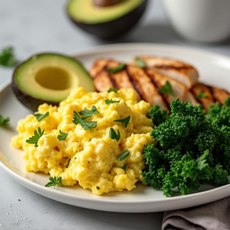 Scrambled Eggs with Kale, Avocado & Chicken