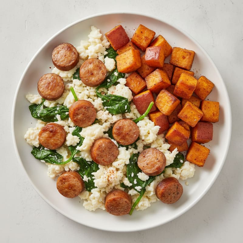 Egg White and Turkey Sausage Scramble with Sautéed Spinach and Sweet Potato