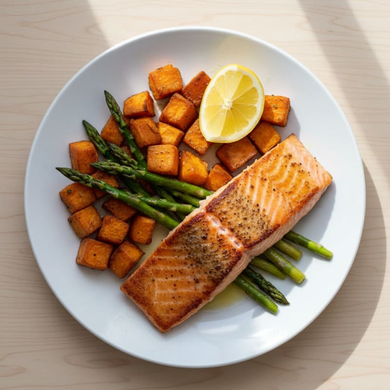 Seared Salmon Fillet with Roasted Sweet Potato and Asparagus