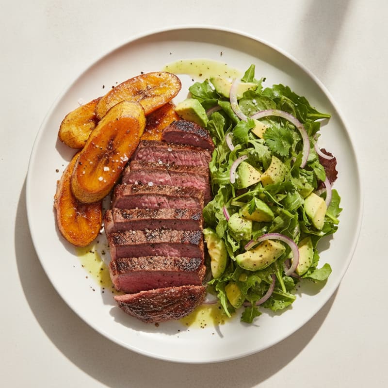 Seared Steak with Sweet Plantains and Avocado Salad