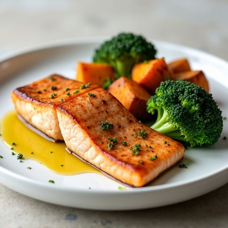 Seared Salmon with Roasted Sweet Potatoes and Steamed Broccoli