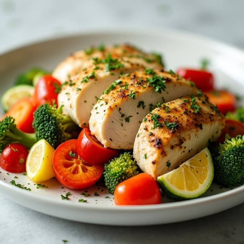 Lean Lemon Herb Shredded Chicken with Roasted Vegetables