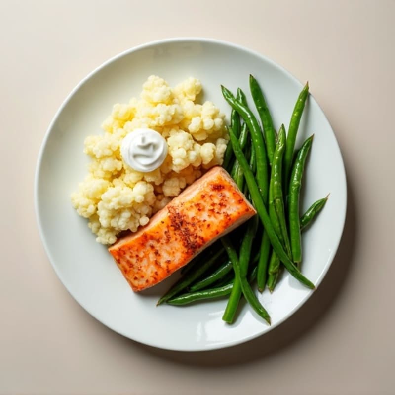 Seared Salmon with Steamed Green Beans and Garlic Mashed Cauliflower