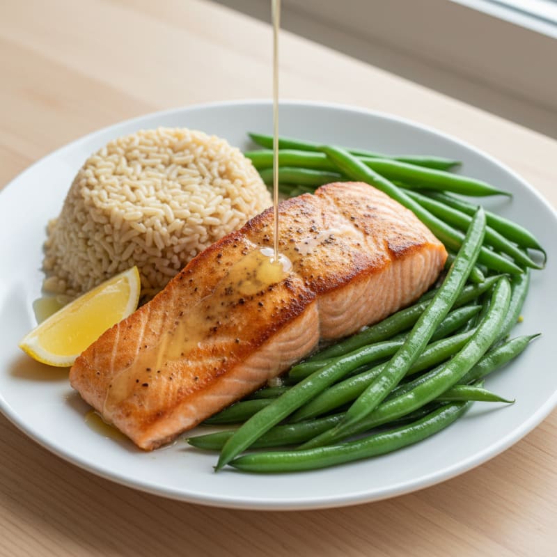 Seared Salmon with Steamed Green Beans and Brown Rice