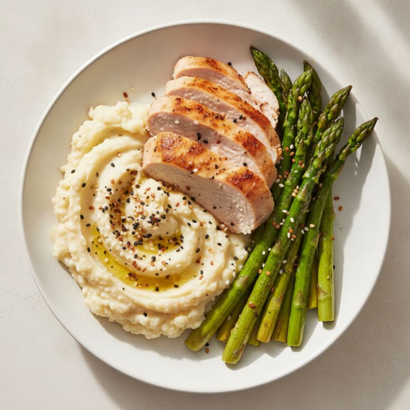 Seared Turkey Breast with Roasted Asparagus and Cauliflower Mash