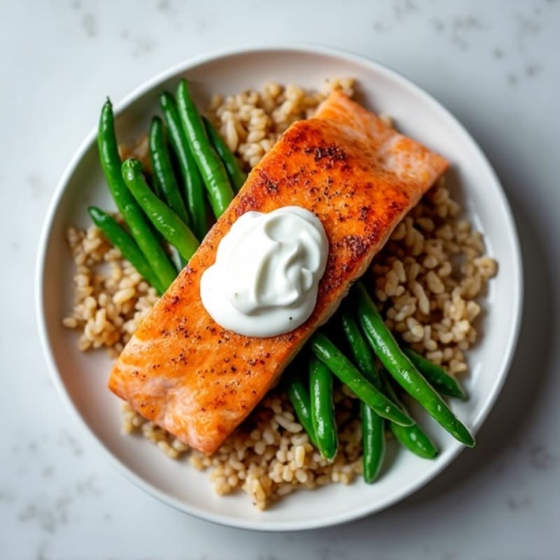 Seared Salmon Fillet with Garlic Green Beans and Brown Rice