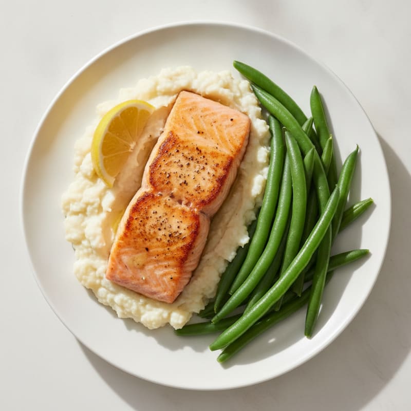Seared Salmon with Steamed Green Beans and Cauliflower Mash