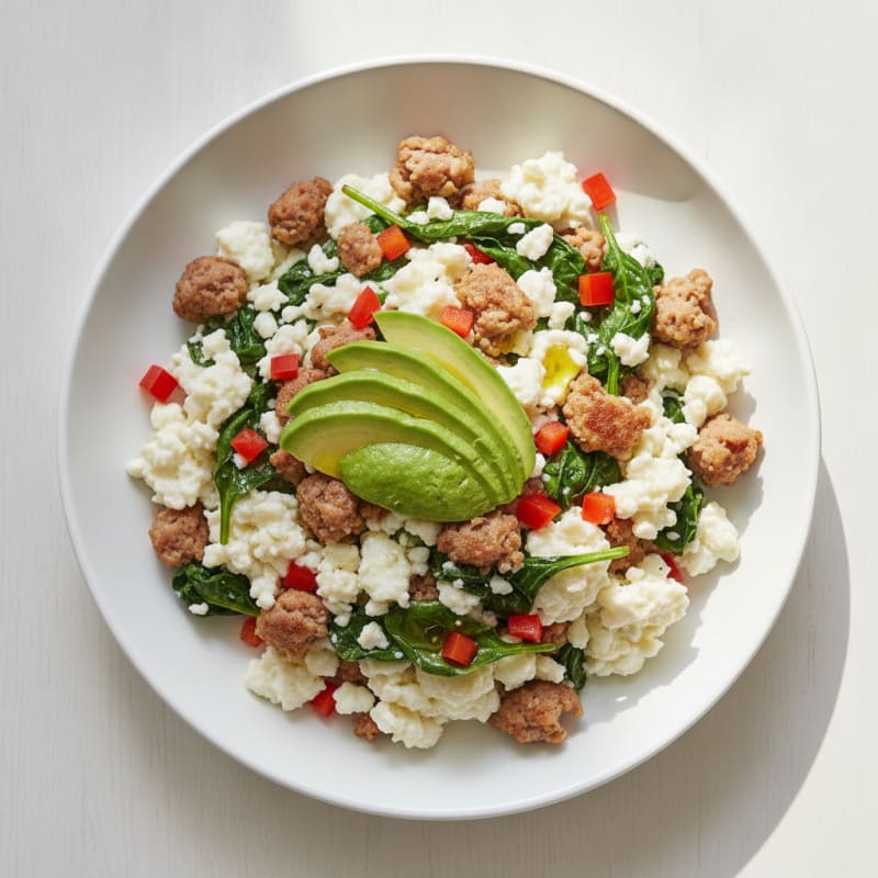 Egg White Scramble with Turkey Sausage and Sautéed Spinach