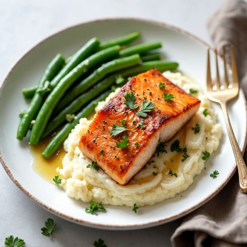 Seared Salmon with Lemon Garlic Green Beans and Cauliflower Mash