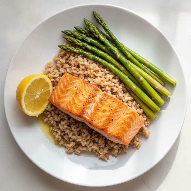 Seared Salmon with Steamed Asparagus and Brown Rice