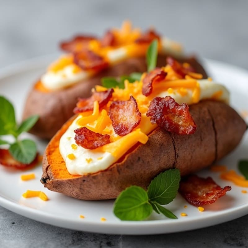 Creamy Roasted Sweet Potato Stuffed with Crispy Bacon and Sharp Cheddar