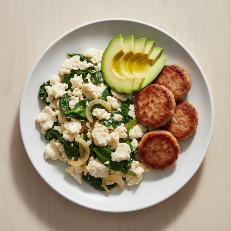 Egg White Scramble with Turkey Sausage and Sautéed Spinach