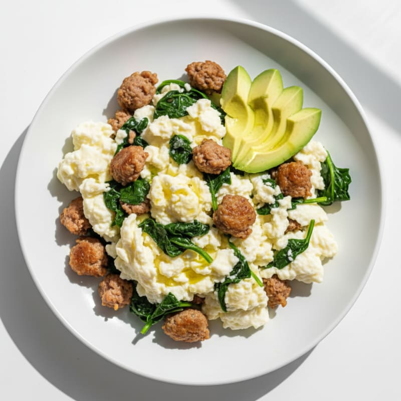 Egg White and Turkey Sausage Scramble with Sautéed Spinach