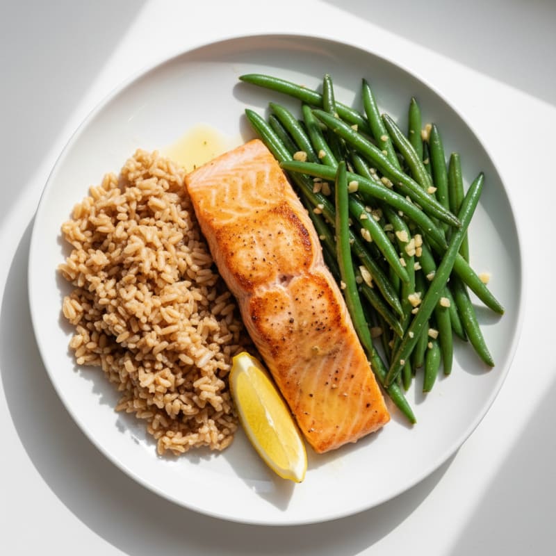 Seared Salmon Fillet with Garlic Green Beans and Brown Rice