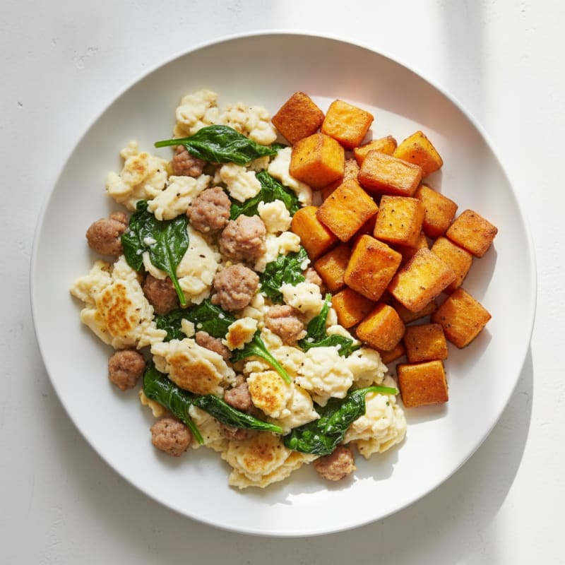 Scrambled Egg Whites with Turkey Sausage and Sautéed Spinach