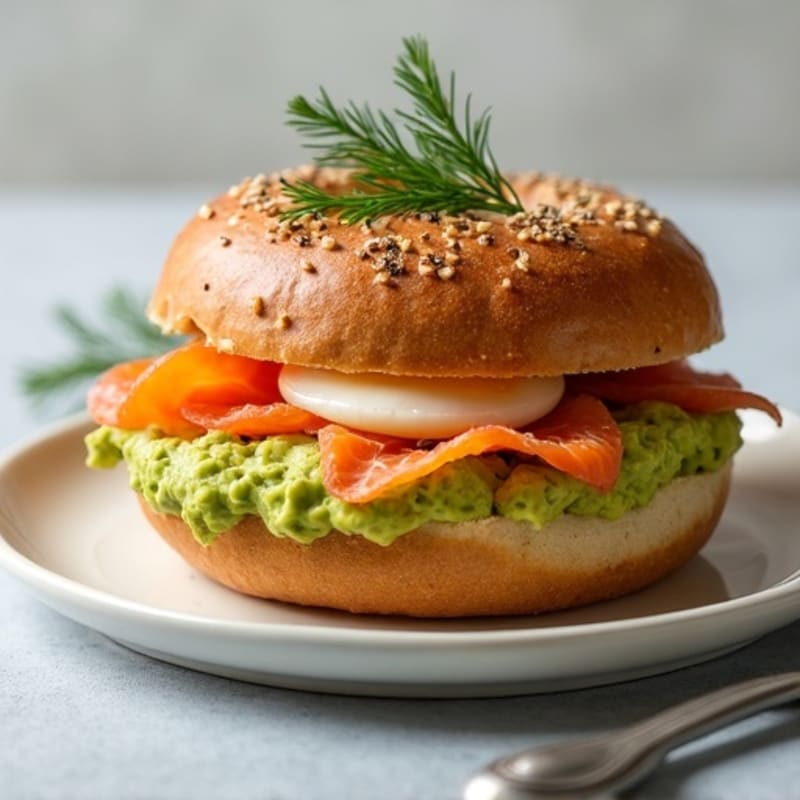 Whole Wheat Bagel with Creamy Avocado, Smoked Salmon, and Fresh Dill
