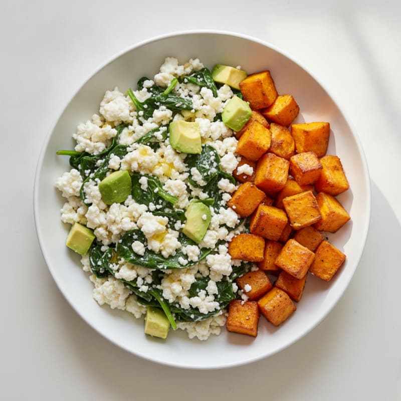 Cottage Cheese Egg White Scramble with Spinach and Roasted Sweet Potato