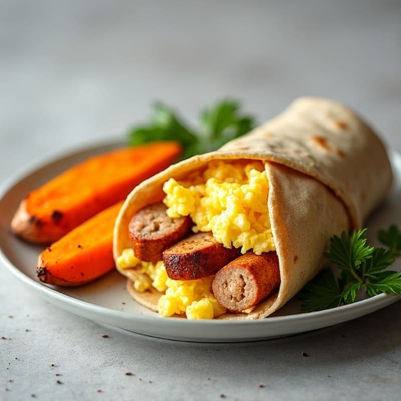 Scrambled Egg & Chicken Sausage Burrito with Roasted Sweet Potatoes
