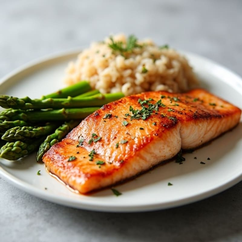 Seared Salmon Filet with Steamed Asparagus and Brown Rice