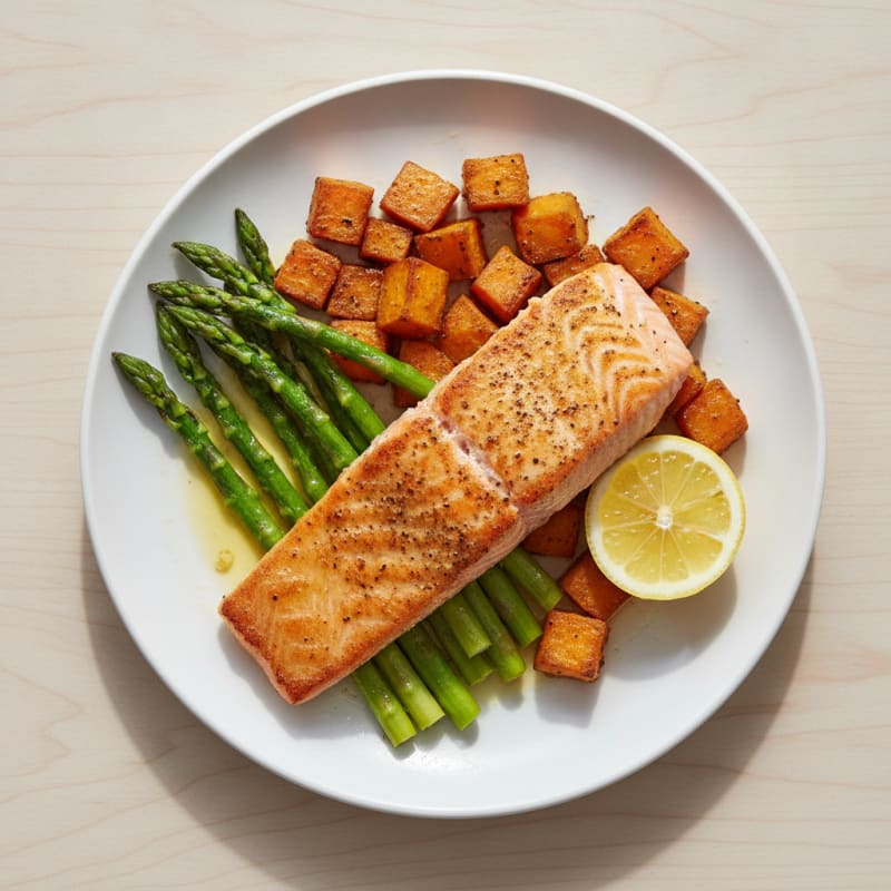 Seared Salmon with Roasted Sweet Potato and Asparagus