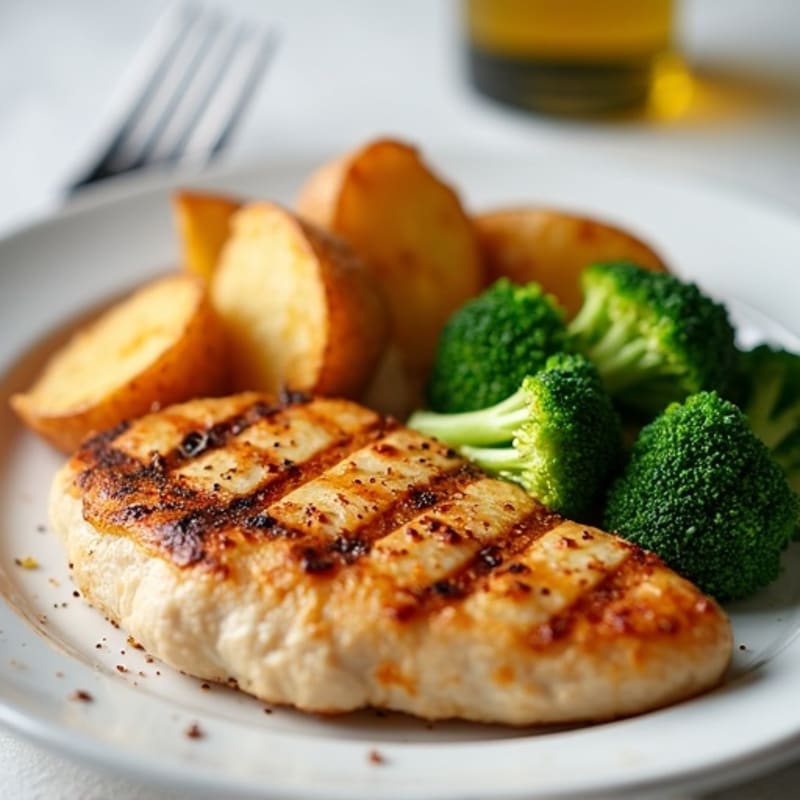 Grilled Chicken Breast with Crispy Potato Wedges and Steamed Broccoli