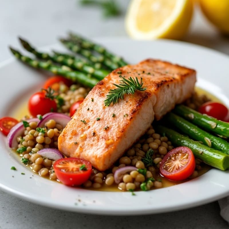 Seared Salmon with Steamed Asparagus and Lentil Salad