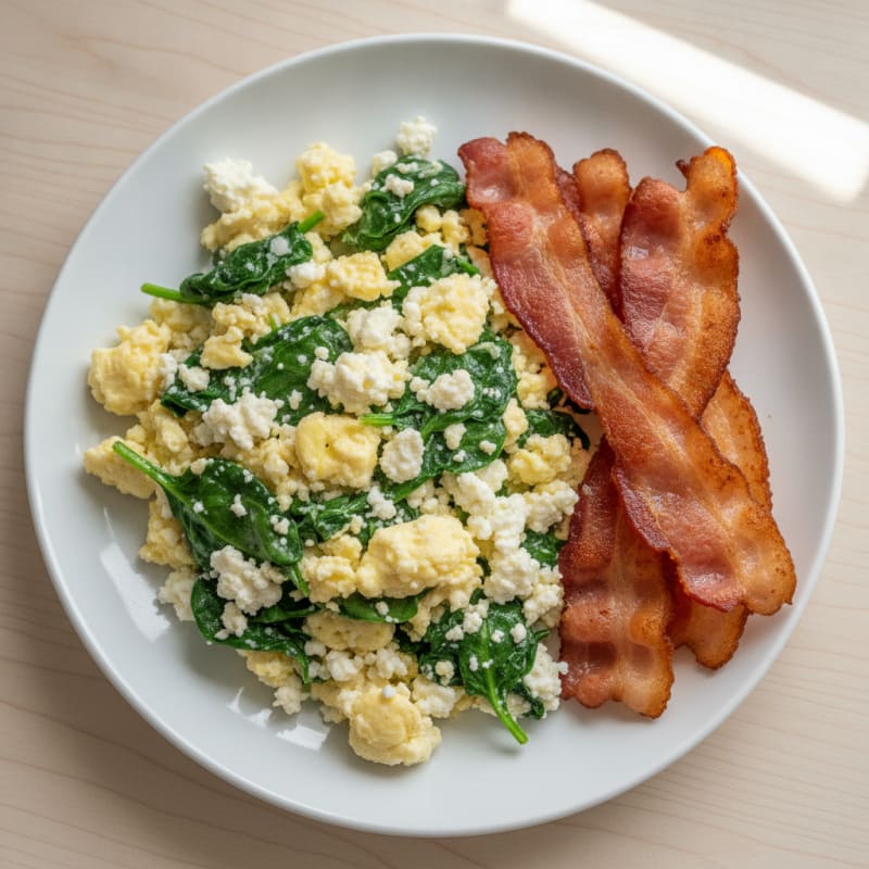 Cottage Cheese Scramble with Spinach and Turkey Bacon
