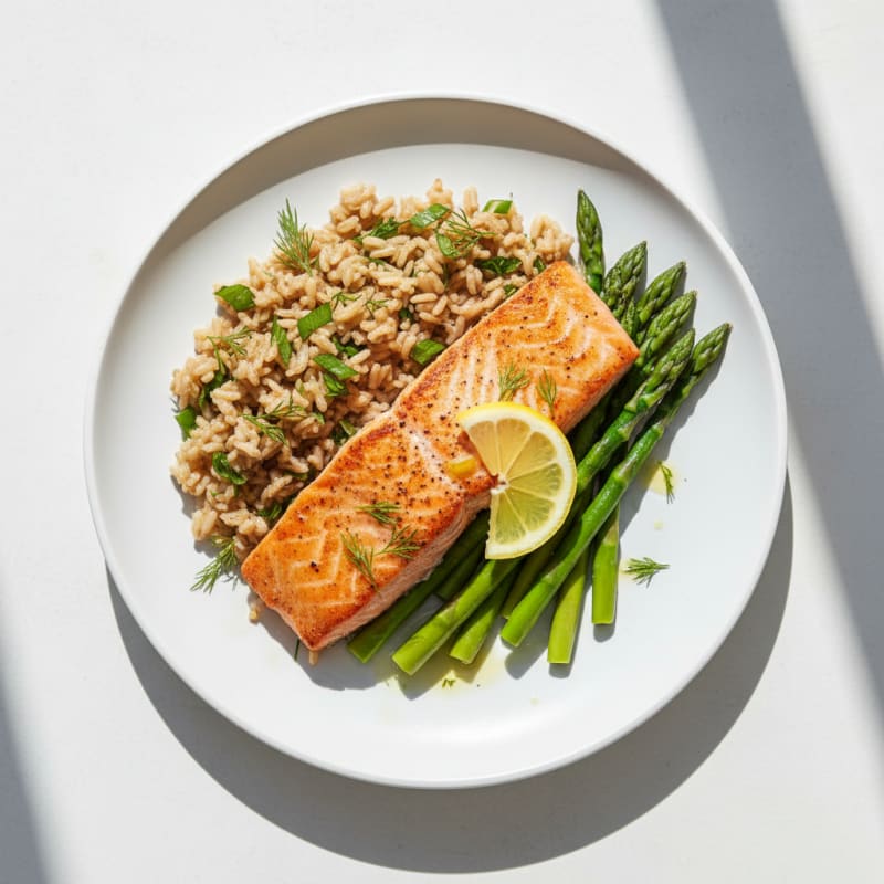 Seared Salmon Fillet with Steamed Asparagus and Herbed Brown Rice