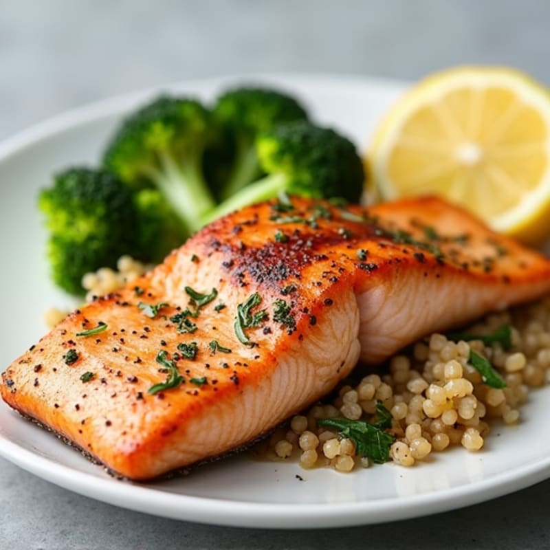 Seared Salmon with Steamed Broccoli and Quinoa
