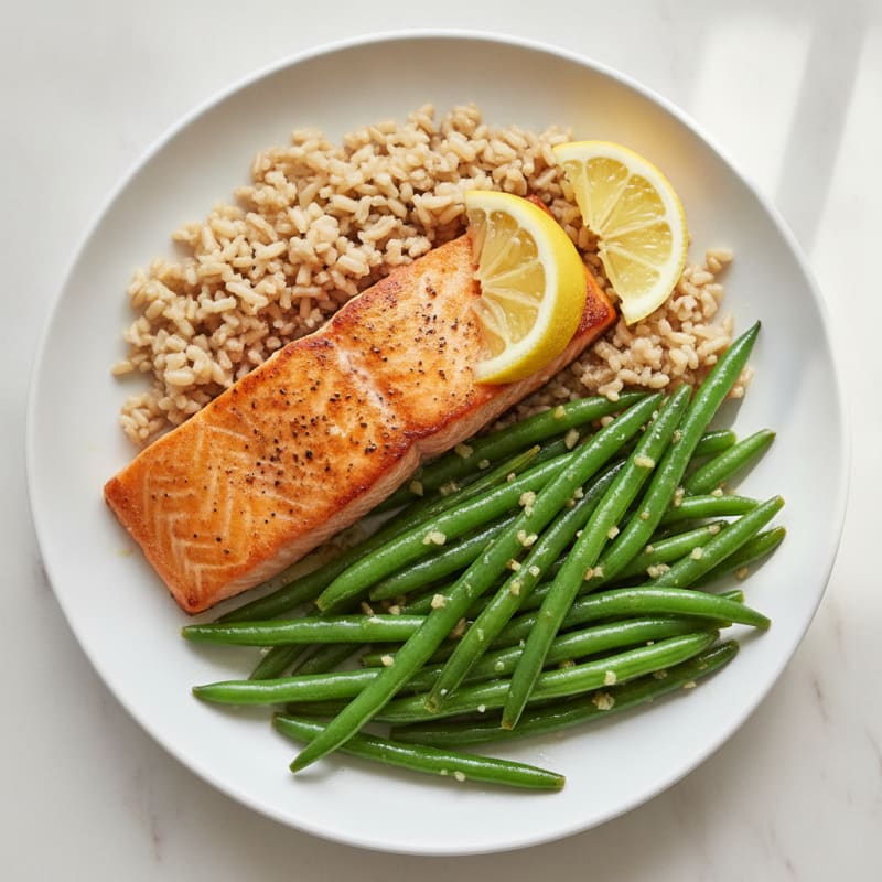 Seared Salmon with Garlic Green Beans and Brown Rice