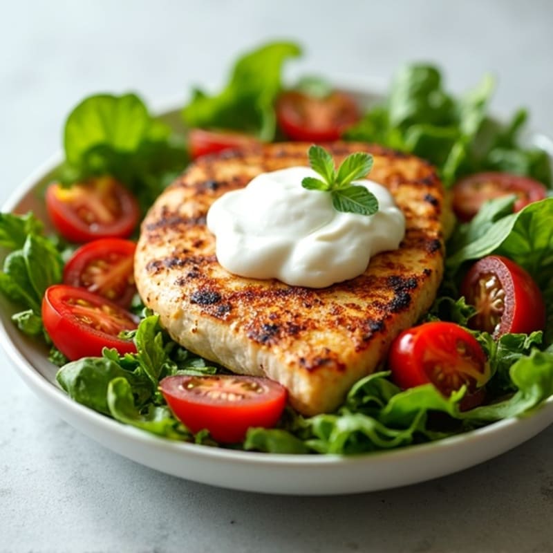Grilled Chicken Breast with Mixed Leafy Greens and Cherry Tomatoes